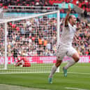Michael Cheek celebrates scoring for Bromley in the Vanarama National League play-off final against Solihull Moors at Wembley last year