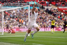 Michael Cheek celebrates scoring for Bromley in the Vanarama National League play-off final against Solihull Moors at Wembley last year