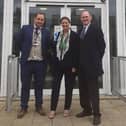 Atherton High School headteacher Ben Layzell, Education Secretary Gillian Keegan and Leigh MP James Grundy