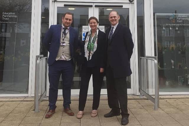Atherton High School headteacher Ben Layzell, Education Secretary Gillian Keegan and Leigh MP James Grundy