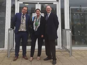 Atherton High School headteacher Ben Layzell, Education Secretary Gillian Keegan and Leigh MP James Grundy