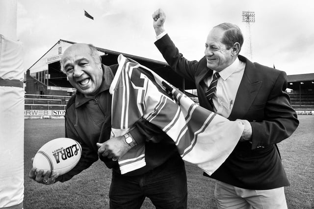 Rugby League legends Billy Boston and Tom Van Vollenhoven renew their wing rivalry from their Wigan and St. Helens playing days at Central Park when the South African paid a holiday visit on Wednesday 3rd of September 1990.