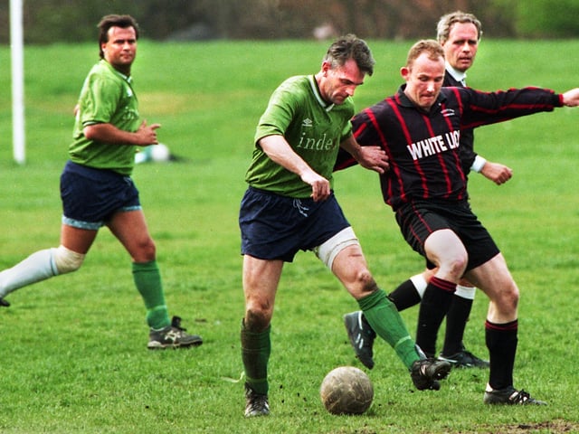 Action from Wigan Rovers 4-0 defeat of Pemberton Hare in the Wigan Amateur League Division One on Saturday 20th of April 1996.