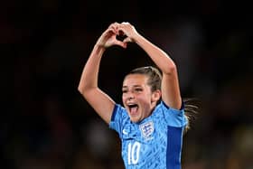 Ella Toone of England celebrates after scoring her team's first goal  during the FIFA Women's World Cup Australia & New Zealand 2023 Semi Final match between Australia and England at Stadium Australia on August 16, 2023 in Sydney, Australia. (Photo by Brendon Thorne/Getty Images)