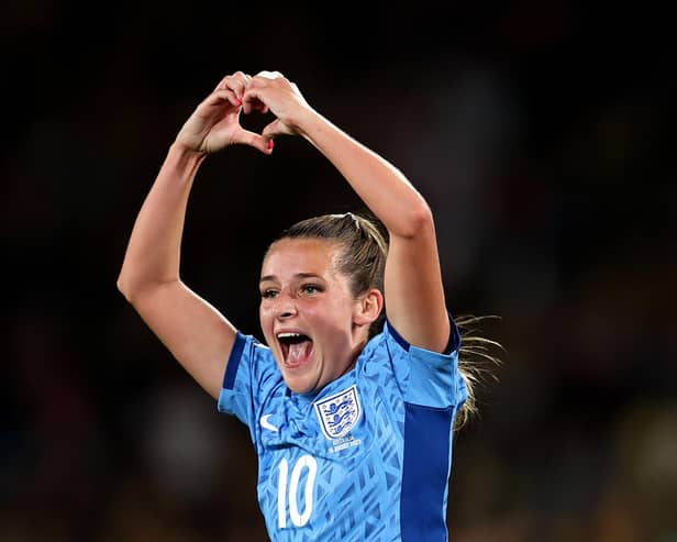 Ella Toone of England celebrates after scoring her team's first goal  during the FIFA Women's World Cup Australia & New Zealand 2023 Semi Final match between Australia and England at Stadium Australia on August 16, 2023 in Sydney, Australia. (Photo by Brendon Thorne/Getty Images)