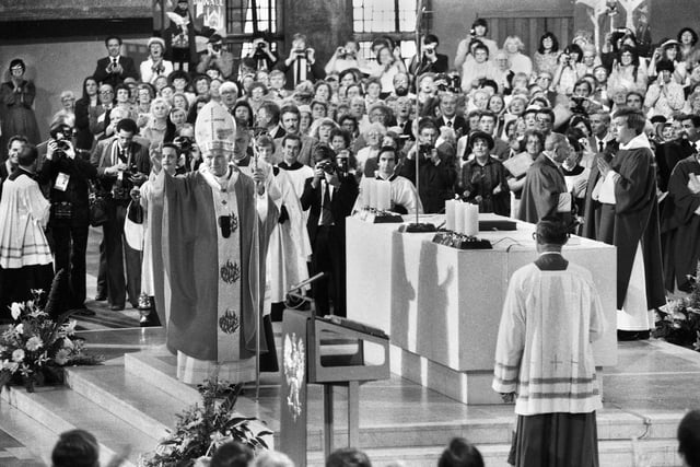 Pope John Paul 11 after celebrating Mass at the Metropolitan Cathedral of Christ the King during his visit to Liverpool on Sunday 30th of May 1982.