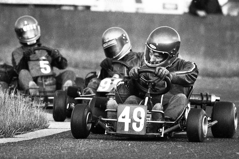 Andrew Fairless from Wigan in determined mood competing in the 100 National Final in which he gained 2nd place in the Champions of Three Sisters National Kart Races on Sunday 24th of July 1983.