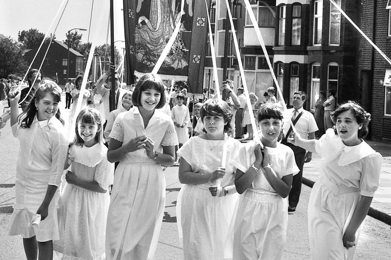 The banner girls of St. Michaels, Swinley, during their walking day on Sunday 15th of June 1986.