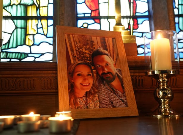 <p>Candles are lit around a photo of Nicola Bulley (left) and her partner Paul Ansell on an altar at St Michael's Church in St Michael's on Wyre, Lancashire, as police continue their search for the missing mother of two.</p>