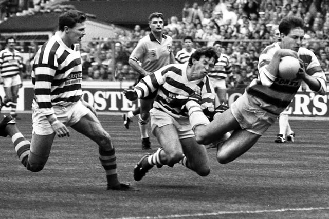 Wigan winger Joe Lydon dives over the line to score a try against Halifax in the Challenge Cup Final at Wembley on Saturday 29th of April 1988. Wigan won the match 32-12.