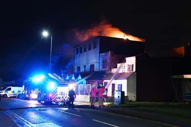 Fire and police at the scene of a fire at the derelict The Rockleigh Hotel, Bolton Road, Ashton