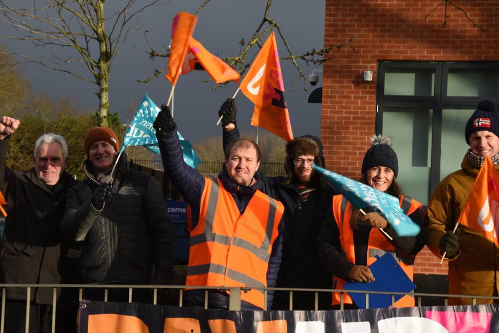 Teachers and supporters on the picket outside The Deanery High School, Wigan