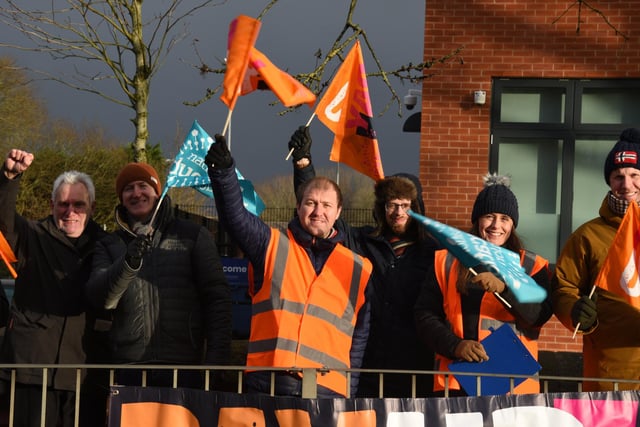Teachers and supporters on the picket outside The Deanery High School, Wigan