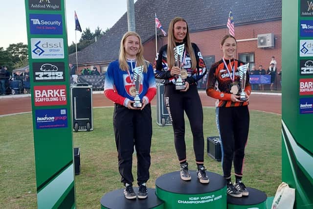 Emily Burgess on the No. 1 podium at the 2025 Women's World Cycle Speedway Individual Final