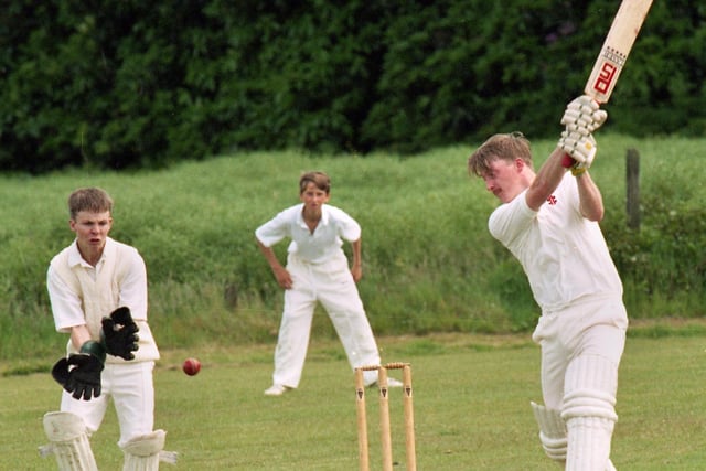 Andrew Gaskell with a full blooded drive on his way to scoring 54 for Winstanley Park's 2nd X1 against Holy Family in a Southport League match on Saturday 13th of July 1996. The game ended in a draw.
