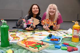 Wigan artists Ellie Leigh, left, and  Anna FC Smith,  at the free toddler orientated art workshop and messy play session, taking inspiration from Seeing Things exhibition, at The Edge, Wigan.