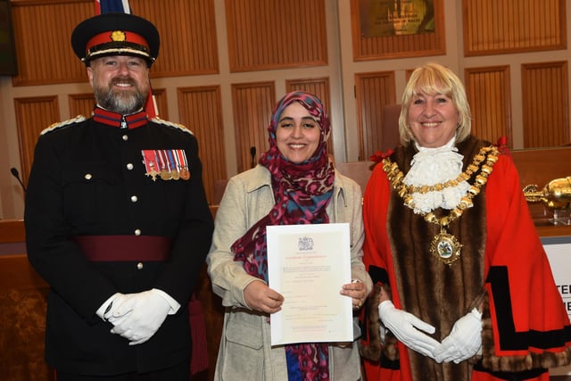 WIGAN - 19-10-22 The Mayor of Wigan Coun Marie Morgan was joined by X for the British Citizenship ceremony, held in the Council Chamber at Wigan Town Hall.