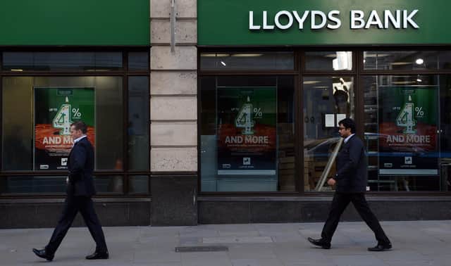 Library image of a branch of Lloyds Bank in the City of London, as another 40 bank branches are to be lost from the UK's high streets, as Lloyds and Halifax announced more closures.