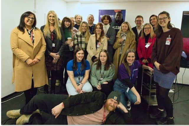 TMP College students and staff with Simon Rix (Kaiser Chiefs), Laura Mansfield (CEO, ScreenSkills), Hayley Russell (Department for Culture, Media and Sport