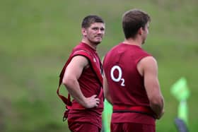Owen Farrell, the England captain, looks on during the England training session held at Pennyhill Park on August 21, 2023 in Bagshot, England. (Photo by David Rogers/Getty Images)