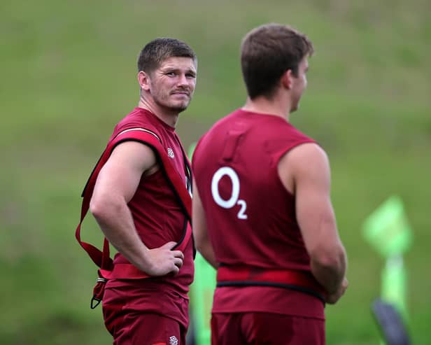 Owen Farrell, the England captain, looks on during the England training session held at Pennyhill Park on August 21, 2023 in Bagshot, England. (Photo by David Rogers/Getty Images)