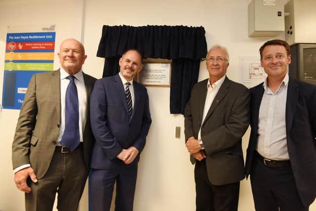 Silas Nicolls, right, at the opening of the Jean Heyes reablement unit at Leigh Infirmary with, from left, WWL chairman Mark Jones, Leigh MP James Grundy and Wigan Council leader Coun David Molyneux