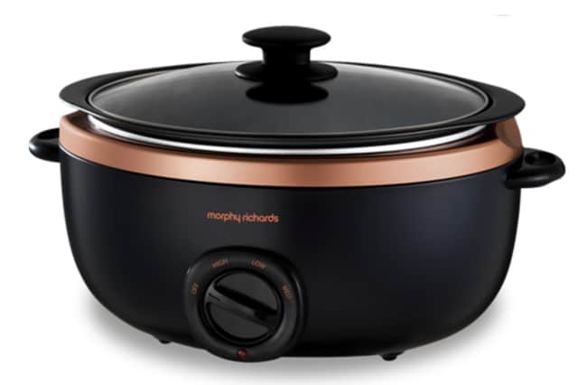 The Morphy Richards Sear & Stew Slow Cooker comes in various colours, including this rose gold accented version