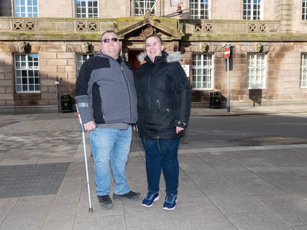 Councillor Daniel Duckwoth with his partner Emma Watkis outside Preston Town Hall are  hosting an event to raise awareness of autism. Photo: Kelvin Stuttard