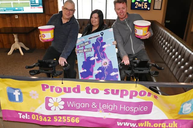 Pub regulars and members of the community have been taking turns to cycle part of the month-long challenge: a 1,206-mile journey which is the distance from Land's End to John O'Groats and bac, on static bikes at The Hawk Pub, Hawkley Hall, raising funds for Wigan and Leigh Hospice. Pub manager Claire Bolton, centre, is pictured with Dave Parry, left, and Derek McCabe, right