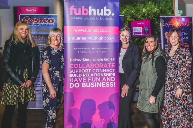 FUBHUB members Jackie Salt, from ATTAIN Digital Marketing, Sue France, from Sue France Consultancy, Caeryn Collins, from Impressions Uniform, Anne Hurcombe, from Wigan Pier Promotions, and Michelle Charnock, of Michelle Charnock Photographer