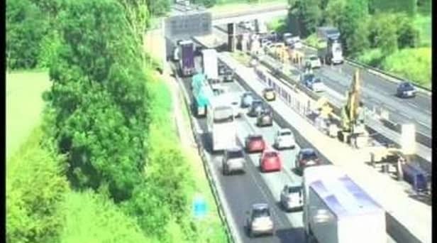 The M56 is closed eastbound, between junction 7 (Altrincham) and junction 6 (Hale), and is expected to stay closed "for some time"