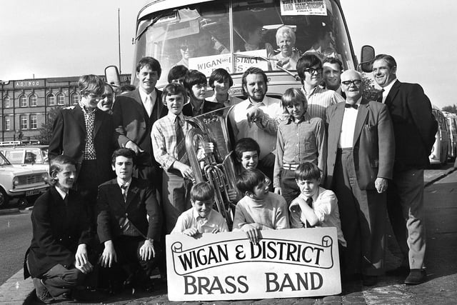 Wigan and District Brass Band ready to leave the market square for the World and National Brass Band Championships in London in October 1971.
They were the only English prizewinners in their section coming fourth.