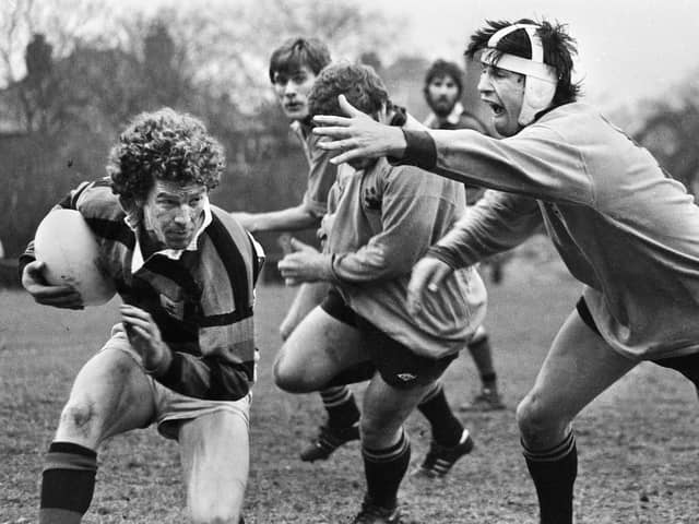 Orrell players attempting to stop a Liverpool attack in the Lancashire Cup Final on Sunday 22nd of April 1979 at Blundellsands. Orrell lost 10-6