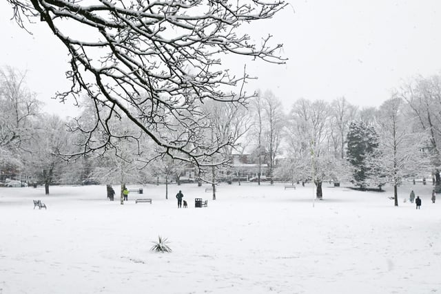 Snow-covered Jubilee Park, Ashton-in-Makerfield.