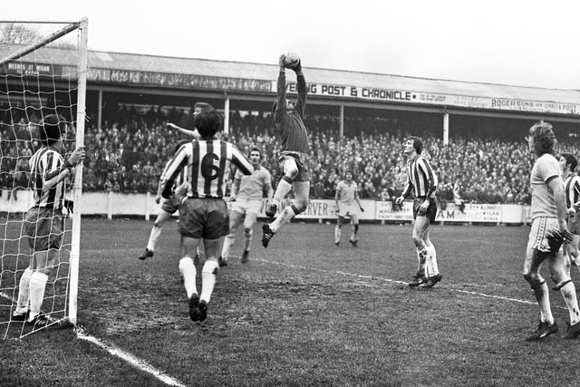 Wigan Athletic goalkeeper John Brown thwarts Division 3 Sheffield Wednesday in the FA Cup 2nd round match at Springfield Park on Saturday 17th of December 1977. Latics won the game 1-0 with a goal from Maurice Whittle.