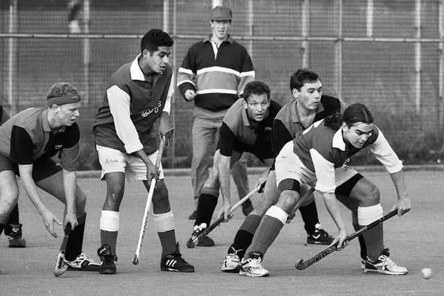 Action from the match between Wigan Hockey Club and Bowden in the Ernst and Young Northern Premier League at Robin Park on Saturday 30th of October 1993. The game ended as a 0-0 draw.