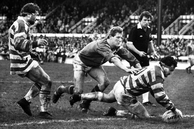 Wigan forward Brian Case scores a try against St Helens in the Good Friday league clash at Central Park on 1st of April 1983 which Wigan won 13-6.