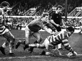 Wigan forward Brian Case scores a try against St Helens in the Good Friday league clash at Central Park on 1st of April 1983 which Wigan won 13-6.