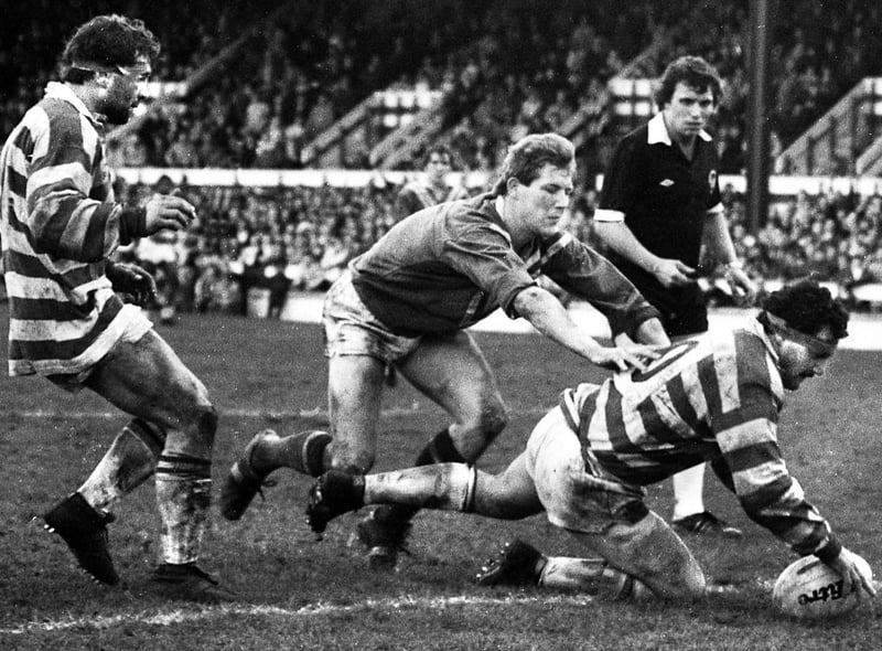 Wigan forward Brian Case scores a try against St Helens in the Good Friday league clash at Central Park on 1st of April 1983 which Wigan won 13-6.