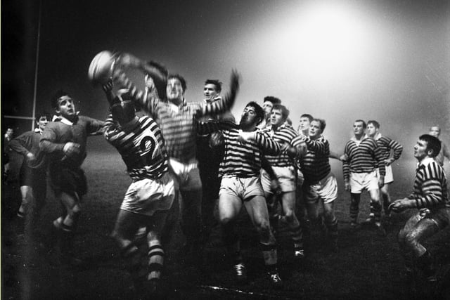 Action from the first match under Orrell Rugby Union Club's new floodlights in 1968. They were the first club in Lancashire to erect floodlights.