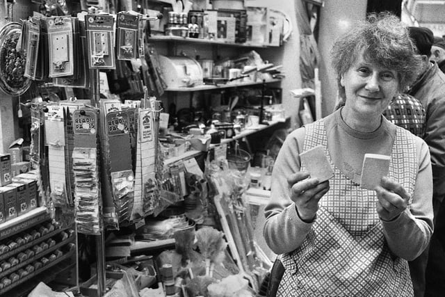 Rita Mussell with donkey stones on her stall in the old Wigan market hall in December 1987 just prior to closure of the building.