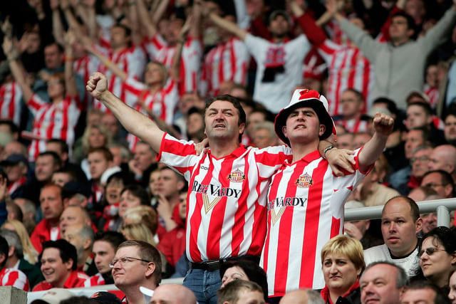 Sunderland fans celebrate their 1-0 victory and the championship against Stoke City at the Stadium of Light on May 8, 2005.