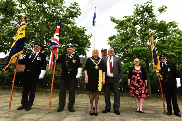 The Mayor of Wigan Coun Marie Morgan and her consort Coun Clive Morgan at the service with armed forces veterans