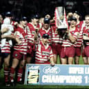 The Wigan team wins the Inaugural Grand Final of the JJB Super League against Leeds at Old Trafford in Manchester