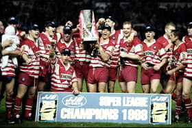 The Wigan team wins the Inaugural Grand Final of the JJB Super League against Leeds at Old Trafford in Manchester