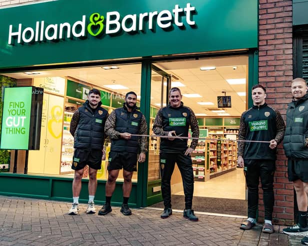 d: Leigh Leopard’s Owner Derek Beaumont with players Oliver Holmes, Ricky Leutele and Jack Darbyshire.