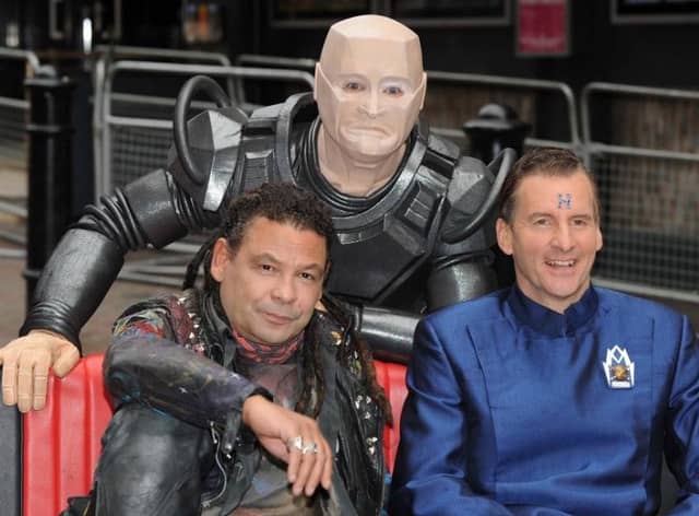 Rimmer (Chris Barrie) and two of his Red Dwarf co-stars Lister (Craig Charles) and Kryten (Robert Llewellyn)