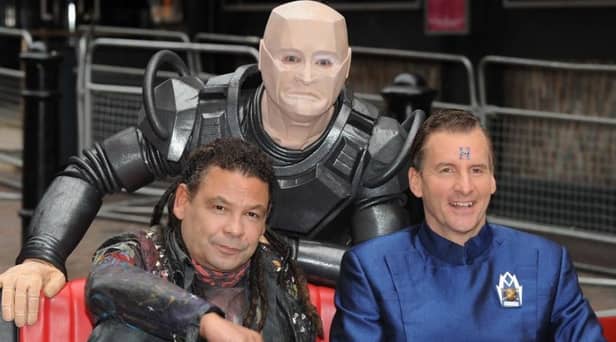 Rimmer (Chris Barrie) and two of his Red Dwarf co-stars Lister (Craig Charles) and Kryten (Robert Llewellyn)
