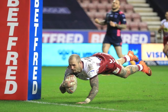 Wigan Warriors' Zak Hardaker scores a try during the Betfred Super League, Play-off semi final at The DW Stadium, Wigan. PA Photo. Picture date: Thursday November 19, 2020. See PA story RUGBYL Wigan. Photo credit should read: Mike Egerton/PA Wire.