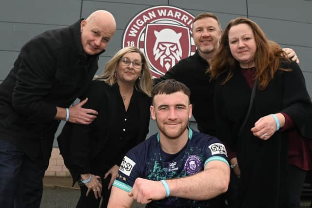 Harry Smith with Warriors CEO Kris Radlinski, Emma Kendrick from the Joseph's Goal charity (far right), and Jane and Simon Kelley, from Auto Time Systems Northern Ltd